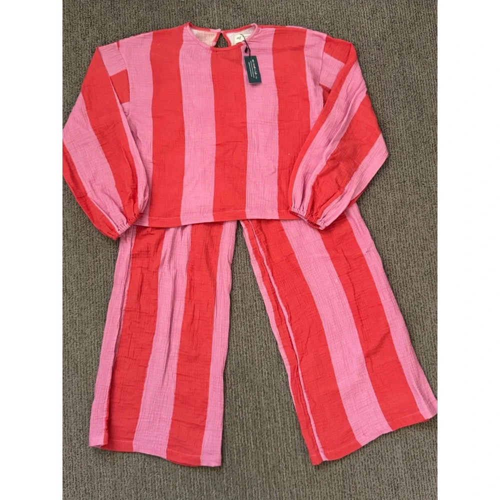 Minimalist Folk Co Maya Guaze Cotton Pant Set Girls 12-13Y Pink Orange Stripe